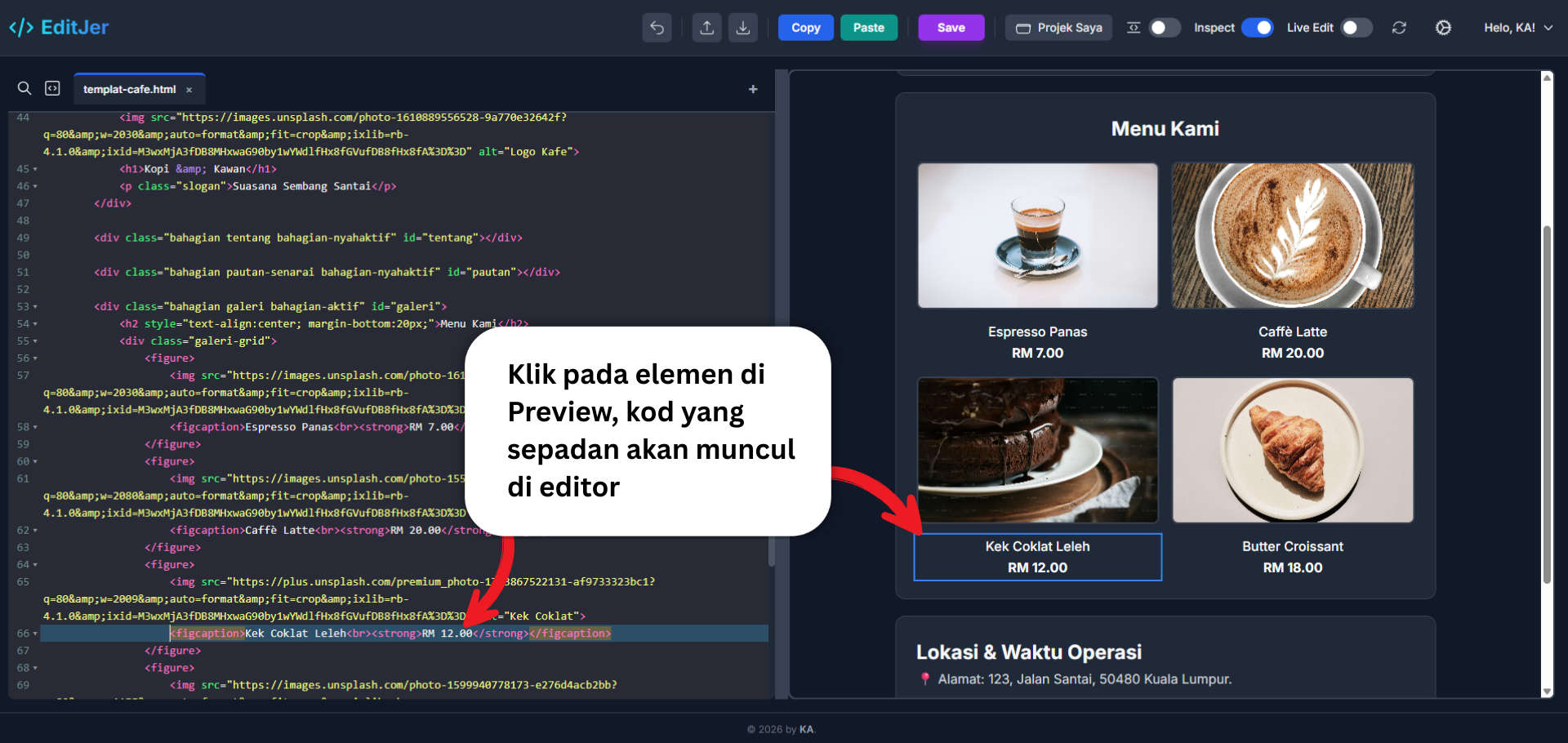 Paparan skrin inspect mode