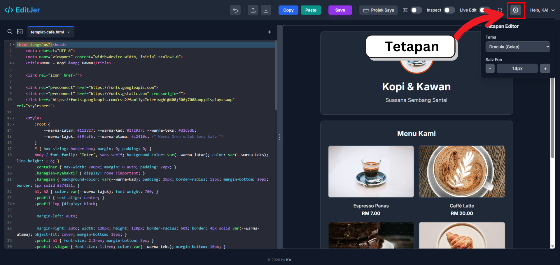 Paparan skrin panel tetapan